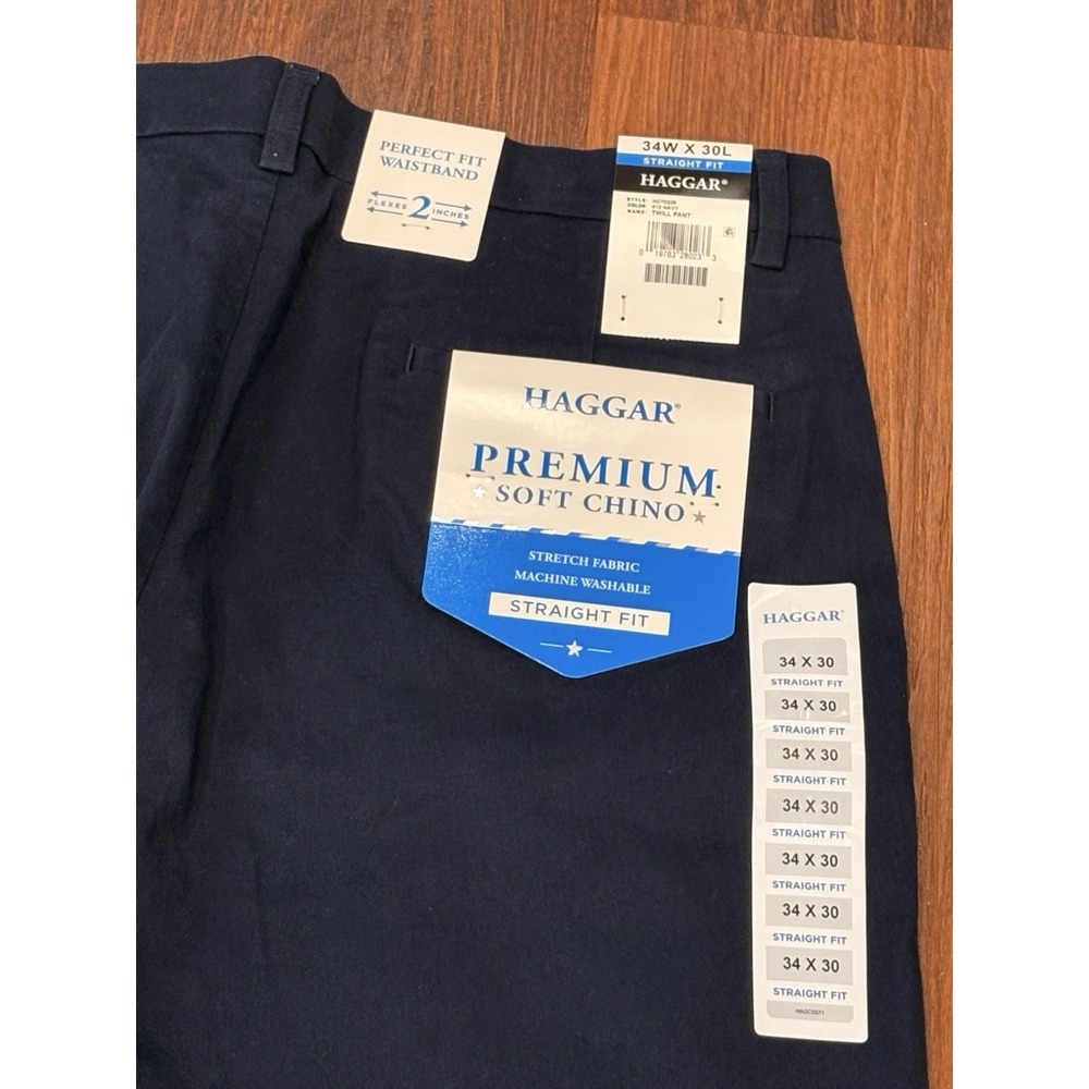 NEW Haggar Straight Fit Mens Pants 34W x 30L Waistband Navy Premium Soft Stretch - Picture 11 of 14